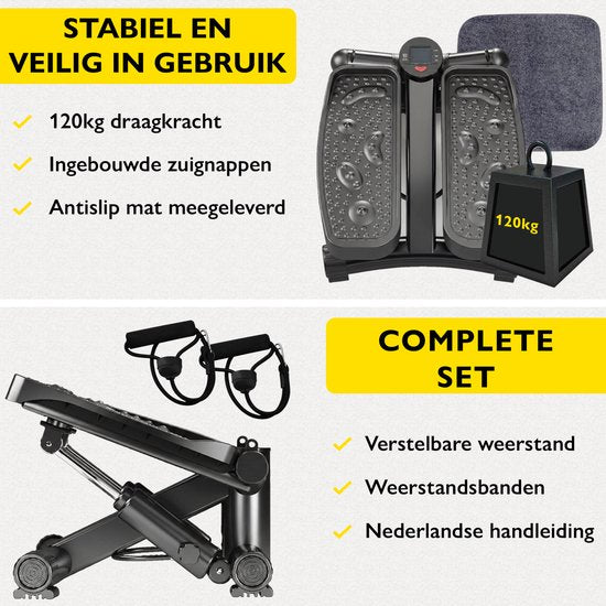 Zoluko Stepper met Weerstand - Inclusief Weerstandsbanden en E-Book - Stepper Fitness - Fitness Step - Mini Stepper - Step Fitness - Aerobic Step - Step - Stepper Fitnessapparaat - Hometrainer - Zwart