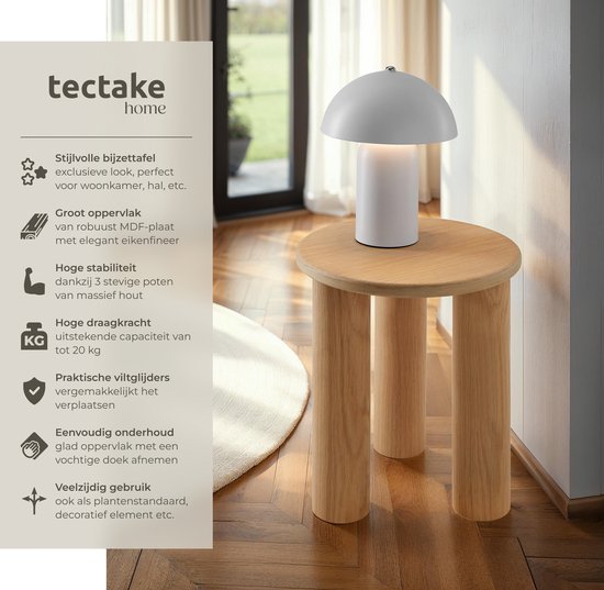 tectake® Ronde Bijzettafel Sisi - Ø 40 x 45,5 cm - Massief Houten Poten - Koffietafel - Bedtafel - Rond Tafeltje met Antislip Vloerbeschermers