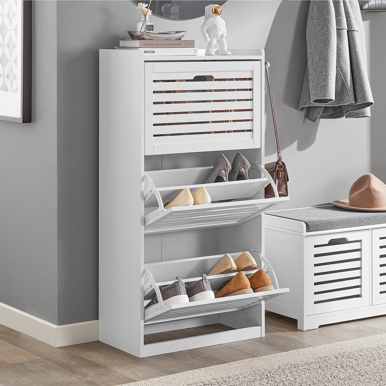 SoBuy FSR119-W Schoenenkast met 3 lades - 55 x 30 x 112 cm - Wit