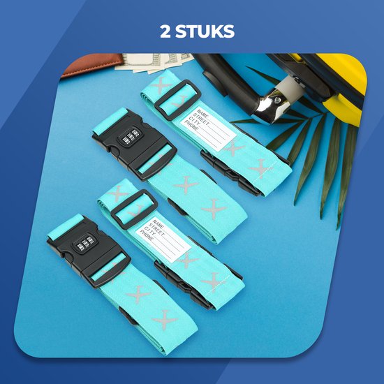Roegaarden kofferriem met cijferslot - Bagageriem - Kofferslot - Inclusief kofferlabel - Blauw - 2 stuks