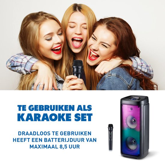 Bluetooth Speaker met Microfoon - Partybox met Sfeerverlichting - Muziek Box en Karaoke Set - Party Speaker met Bluetooth, Aux en USB Ingangen - Makkelijk te Verplaatsen met Handvat - Zwart