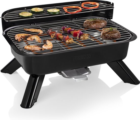 Princess 112252 Hybride Barbecue – 2000W – Elektrisch of Houtskool BBQ – Compact Tafelmodel – Ideaal voor Balkon & Camping – 44x29 cm