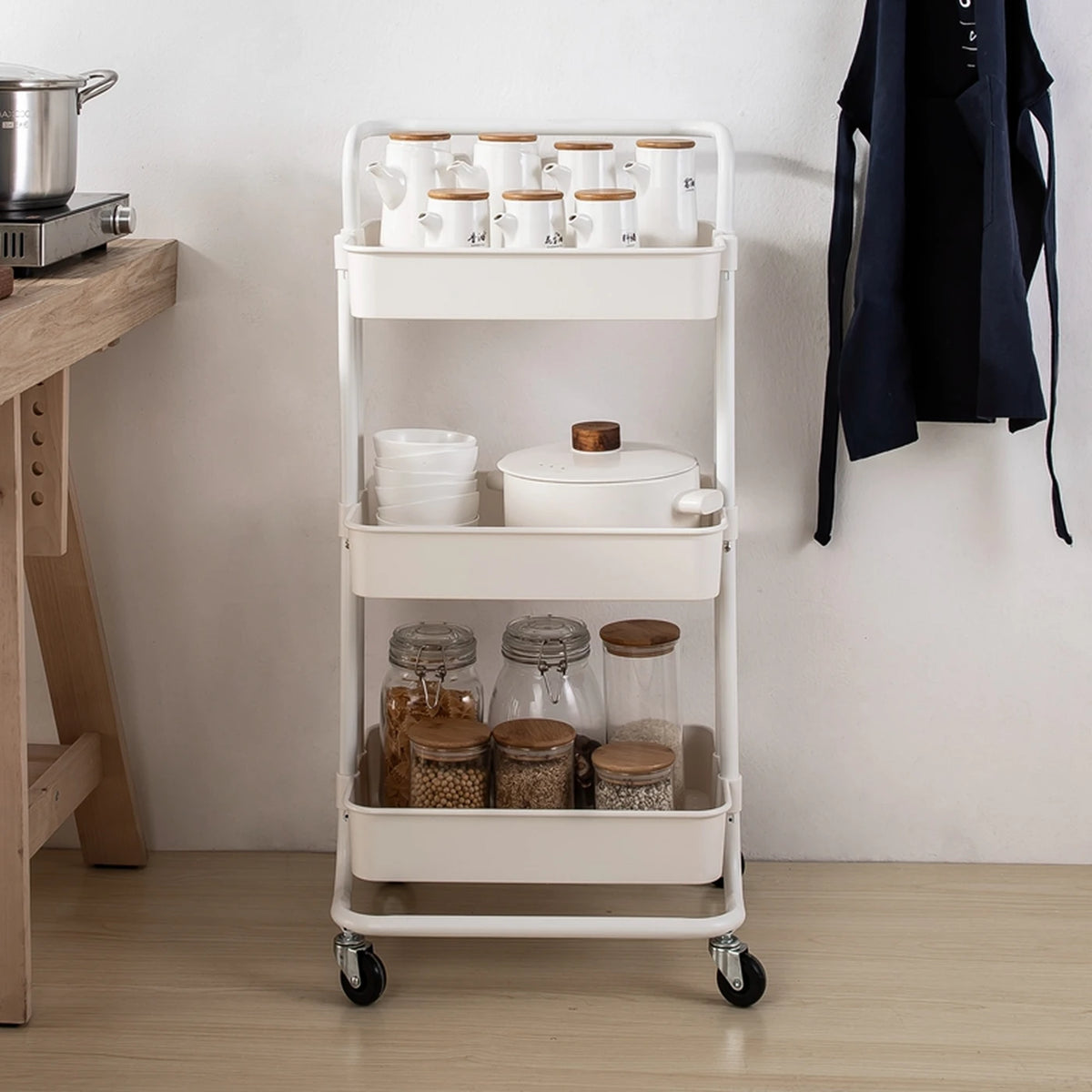 Maxcook Opbergtrolley MCWA982 - Wit - 3 Etages - Staal met Poedercoating - 360° Geluidsarme Zwenkwielen