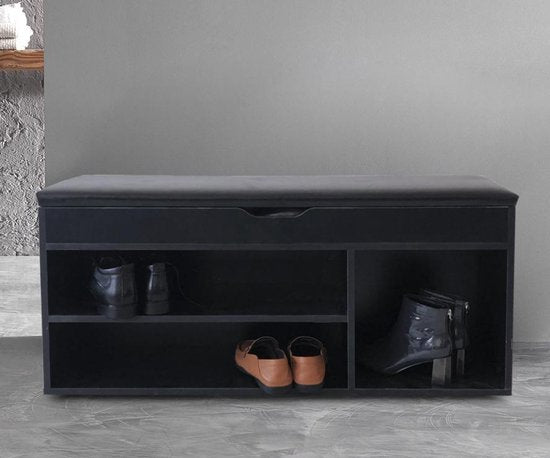 Schoenenkast hal bankje met opbergruimte - schoenen rek - met zitkussen zwart