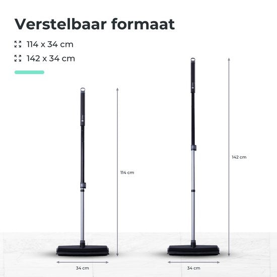 CLEANLY Rubberen Bezem met Vloertrekker - Kappersbezem - Zachte Bezem Binnen en Buiten - Telescopisch 114-142 cm - Borstel met Steel - Binnen Bezem - Breedte 34 cm - Zwart, Grijs
