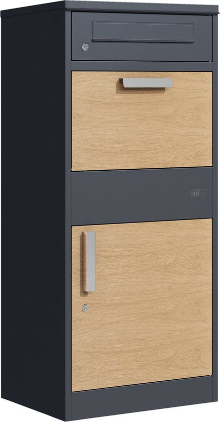 AXI Levi Pakketbrievenbus van Metaal Antraciet/Houtlook – Pakketbox voor meerdere pakketjes – Inclusief slot en apart vak voor post – 50,6 x 38,3 x 112 cm