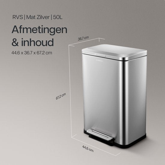 Deleca Prullenbak Prestige - 50 Liter - Breed - RVS Vuilnisbak / Afvalemmer / Pedaalemmer - Met Voetpedaal en Slow Close - Mat Zilver