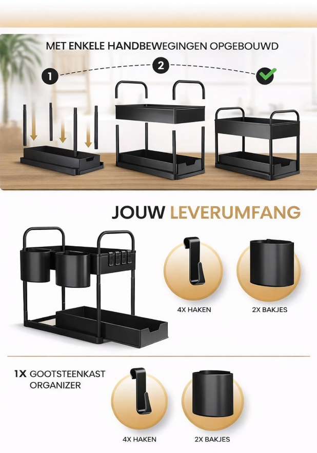 Heldenwerk Gootsteenorganizer - 2 Laags - In hoogte verstelbaar - 40 x 22 x 38 cm - Zwart