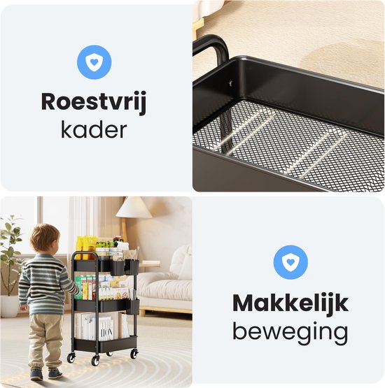 Keuken trolley op Wieltjes - 3 laags - Rek - Serveer - Wagen - Kastje - Opberg - Douche kastjes staand - Rekje - Zwart - Luft