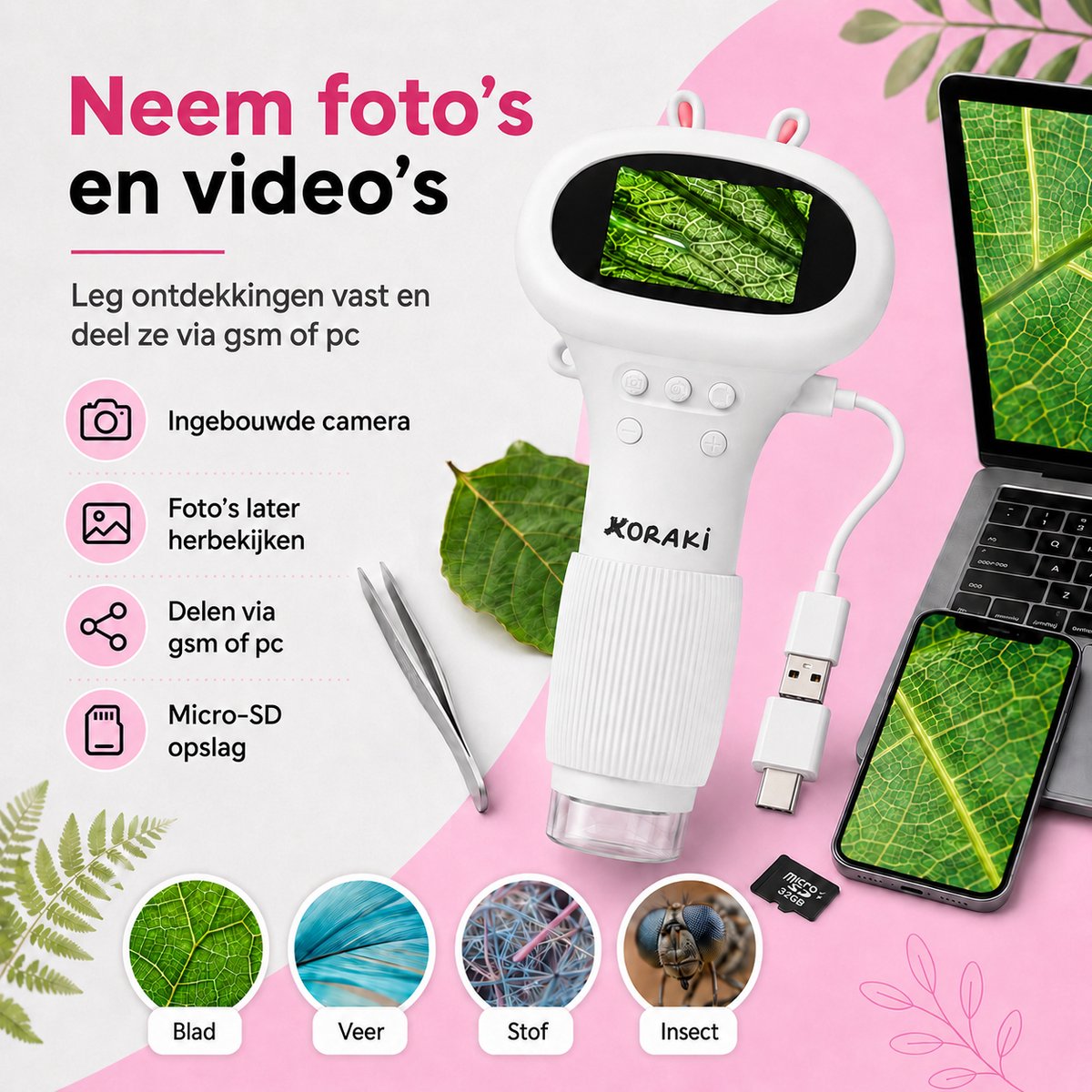 Koraki® Digitale Microscoop voor Kinderen - LCD Scherm - 30x-50x - Camera - Micro-SD