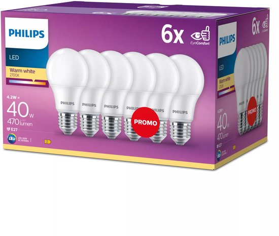 Energiezuinige Philips LED Lamp Mat - 40 W - E27 - warmwit licht - 6 stuks - Bespaar op energiekosten