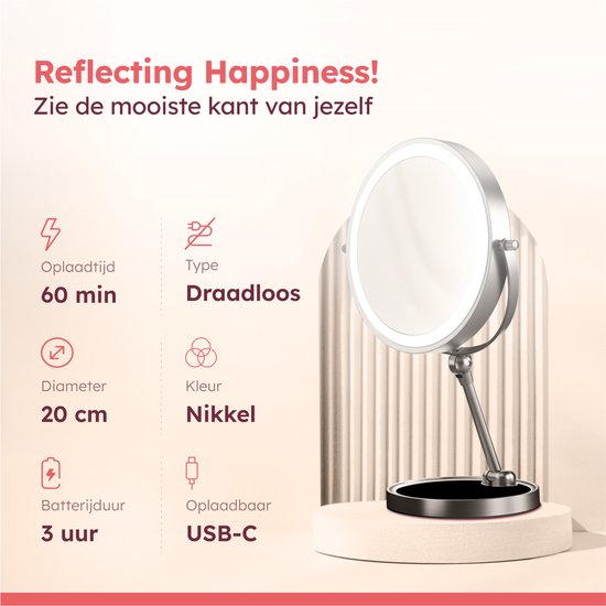 Fraay® Make Up Spiegel met LED Verlichting - 10x Vergroting - Vergrootspiegel met Licht - Oplaadbaar - Scheerspiegel - Badkamerspiegel - Nikkel