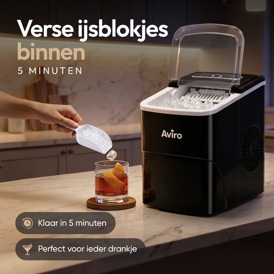 Aviro Ijsblokjesmachine XL - 2L - Met IJsschep - IJsblokjesmaker - 16KG / 24U - Zelfreinigingsfunctie - Zwart
