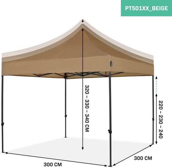 VONROC Partytent - Paviljoen - Easy Up - Opvouwbaar - Waterdicht - Met Draagtas - 300 x 300 cm – Beige
