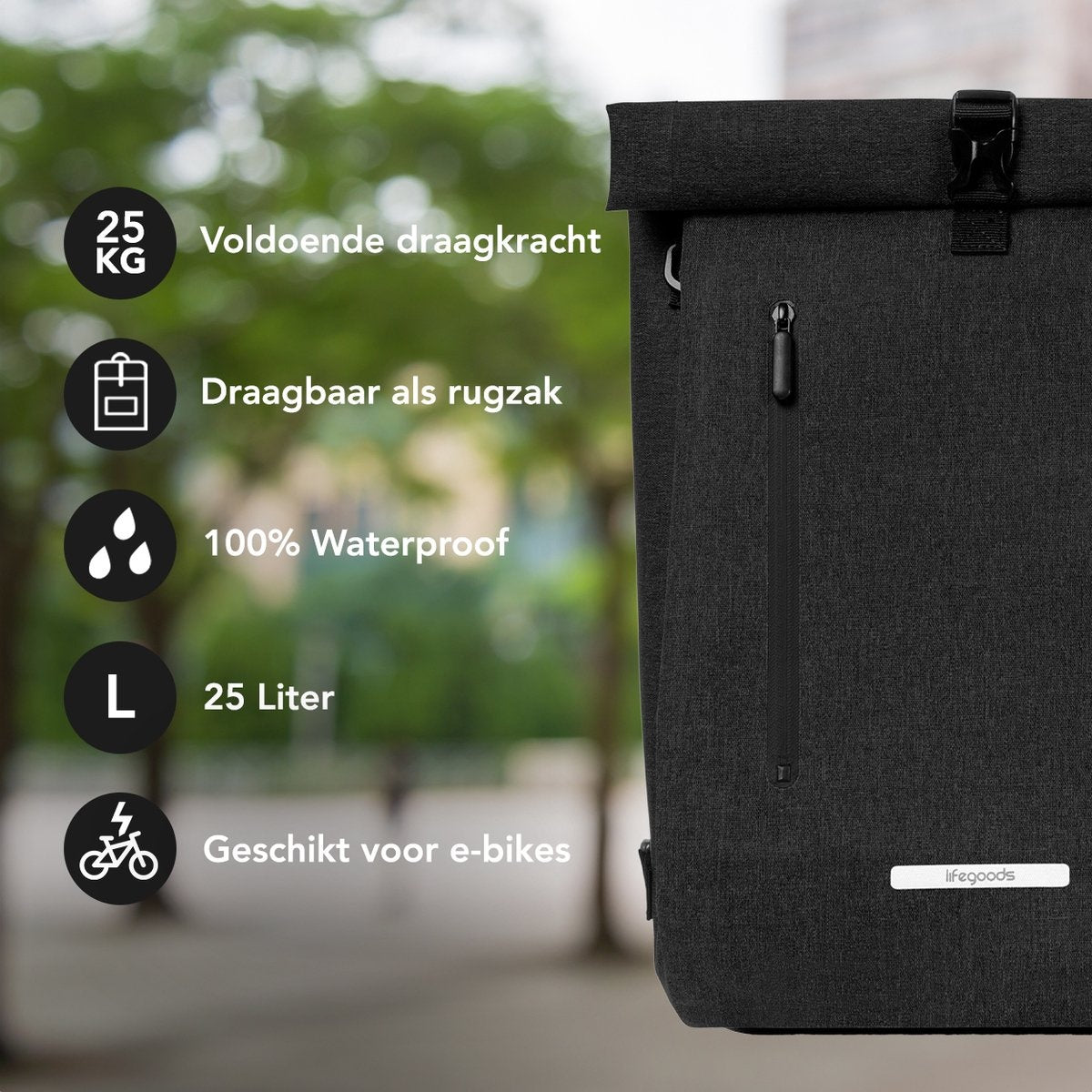 LifeGoods Enkele Fietstas - Compact - Schoudertas en Rugtas - 25L - Ronde Bagagedragers - Waterdicht - Zwart