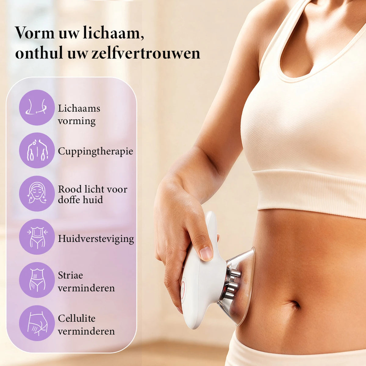Sunluxy BCE1 Anti-Cellulitis Massageapparaat - EMS + Vacuüm + Rood Licht - 3 Standen voor Lichaam en Gezicht - Oplaadbaar - 19,4 x 17 x 7,8 cm
