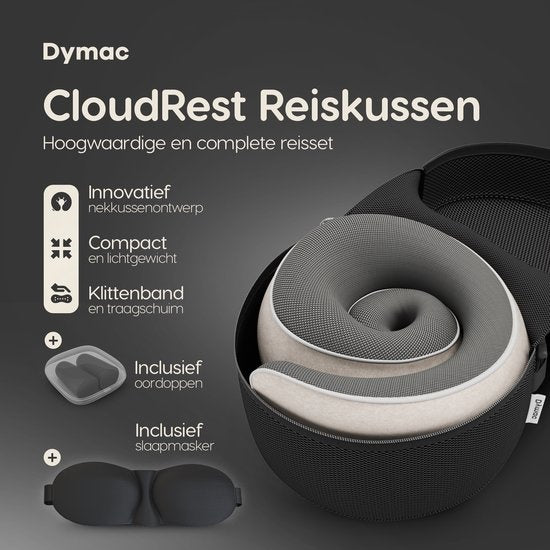 Dymac CloudRest Reiskussen – Nekkussen – Neksteun – Traagschuim Reiskussen – Inclusief Oogmasker & Oordoppen – Met Reisetui - Beige