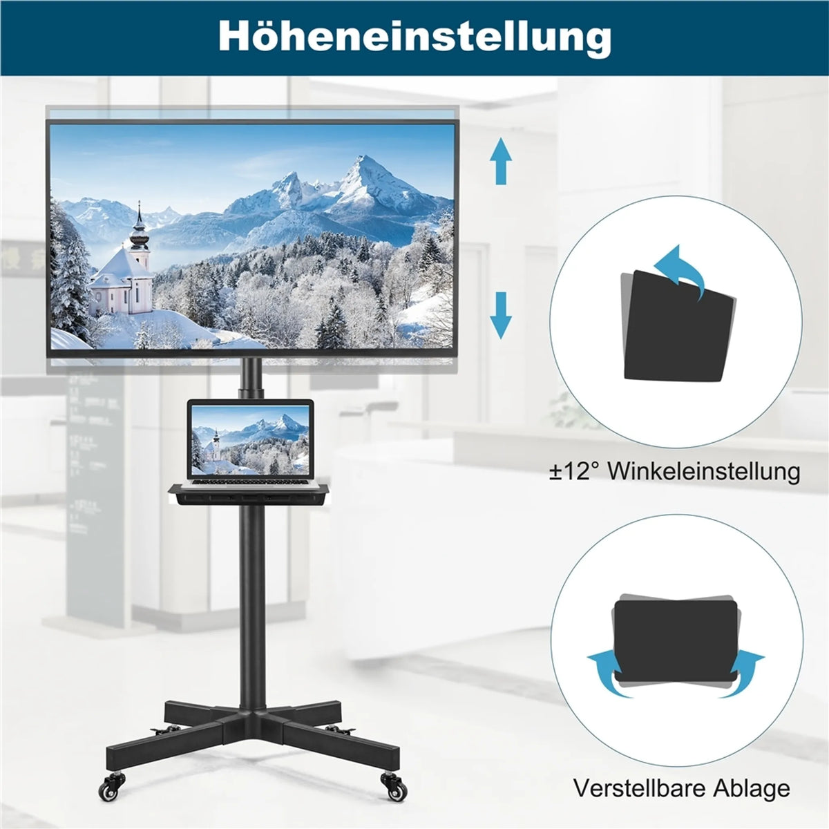TV-standaard op Wielen voor 23–60 Inch TV's In Hoogte Verstelbaar en Draaibaar Zwart