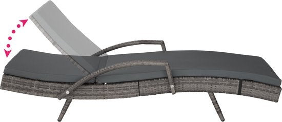 tectake® - Wicker ligstoel ligbed zonnebed - Verstelbare rugleuning (5 standen) - Incl. ligkussen met wasbare hoes - grijs - poly-rattan