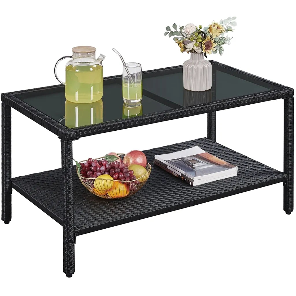 Yaheetech Rattan Salontafel - Bijzettafel - Met Glasplaat - Met Plank - Binnen/Buiten - Grijs