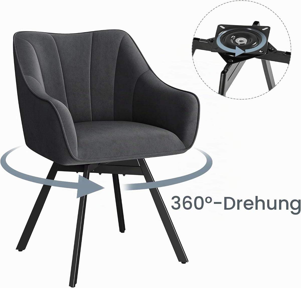 Yaheetech Eetkamerstoel Draaibaar 360° met Armleuningen - Fluweel - 55x58,5x82 cm - Donkergrijs