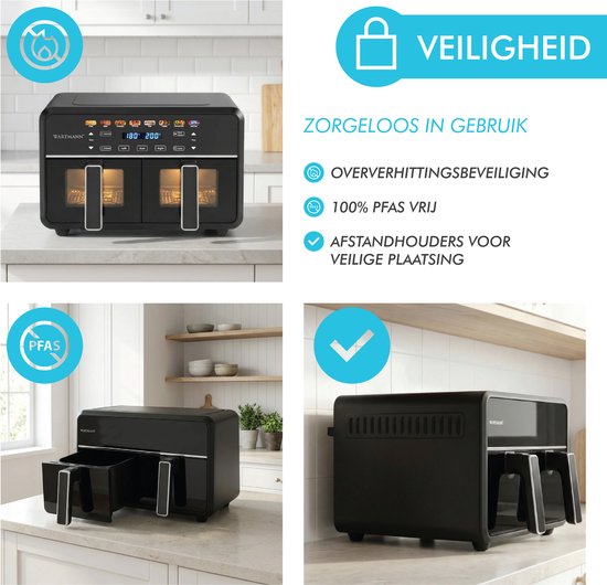 Dubbele Airfryer XXL 11L - PFAS-vrije Heteluchtfriteuse - Infrarood - Dual Zone - 2 x 5.5L - 40–200°C - 8 Kookprogramma's - 2850W - WM-2511 AF - Zwart