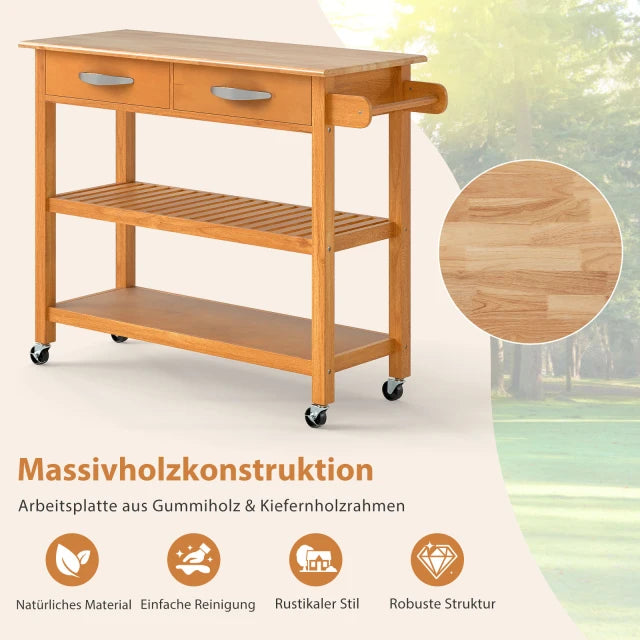 Coast Keukentrolley Hout – Verrijdbaar Keukenrek met 2 Lades en 2 Planken – 106 x 43 cm