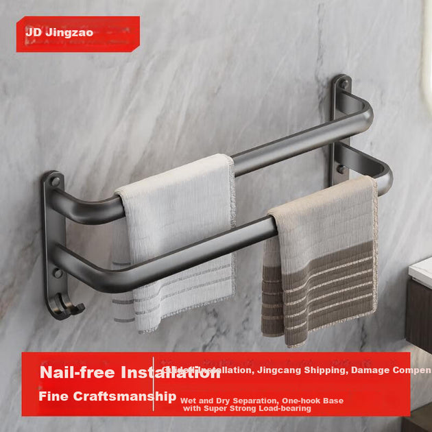 Handdoekrek met Dubbele Stang - 60 cm - Aluminium - Mat Metallic - Zonder Boren te Monteren - 10,1 x 10,5 x 58,4 cm
