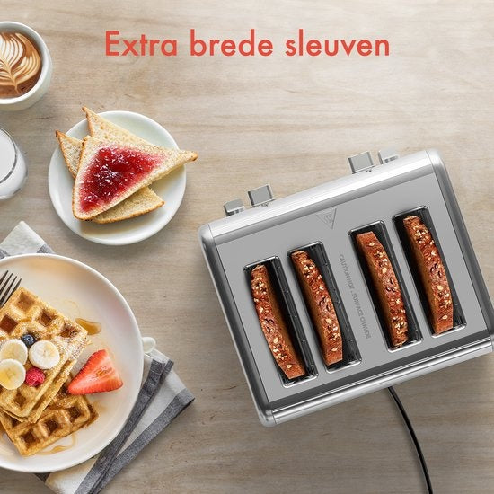 KitchenBrothers Broodrooster - Toaster - 6 Warmteniveaus - 4 Extra Brede Sleuven - 1630W - RVS/Zilver