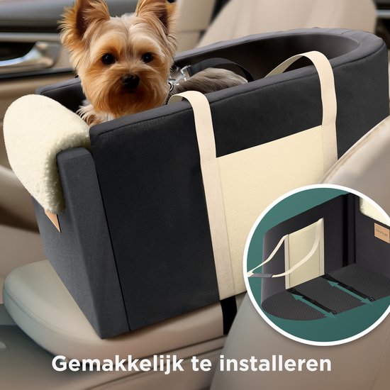 CozySense® Honden Autostoel - Hondenmand Auto met Wasbare Hoes - Voor Kleine Hond - Past in Middenconsole - Ook als Draagtas - Zwart/Beige