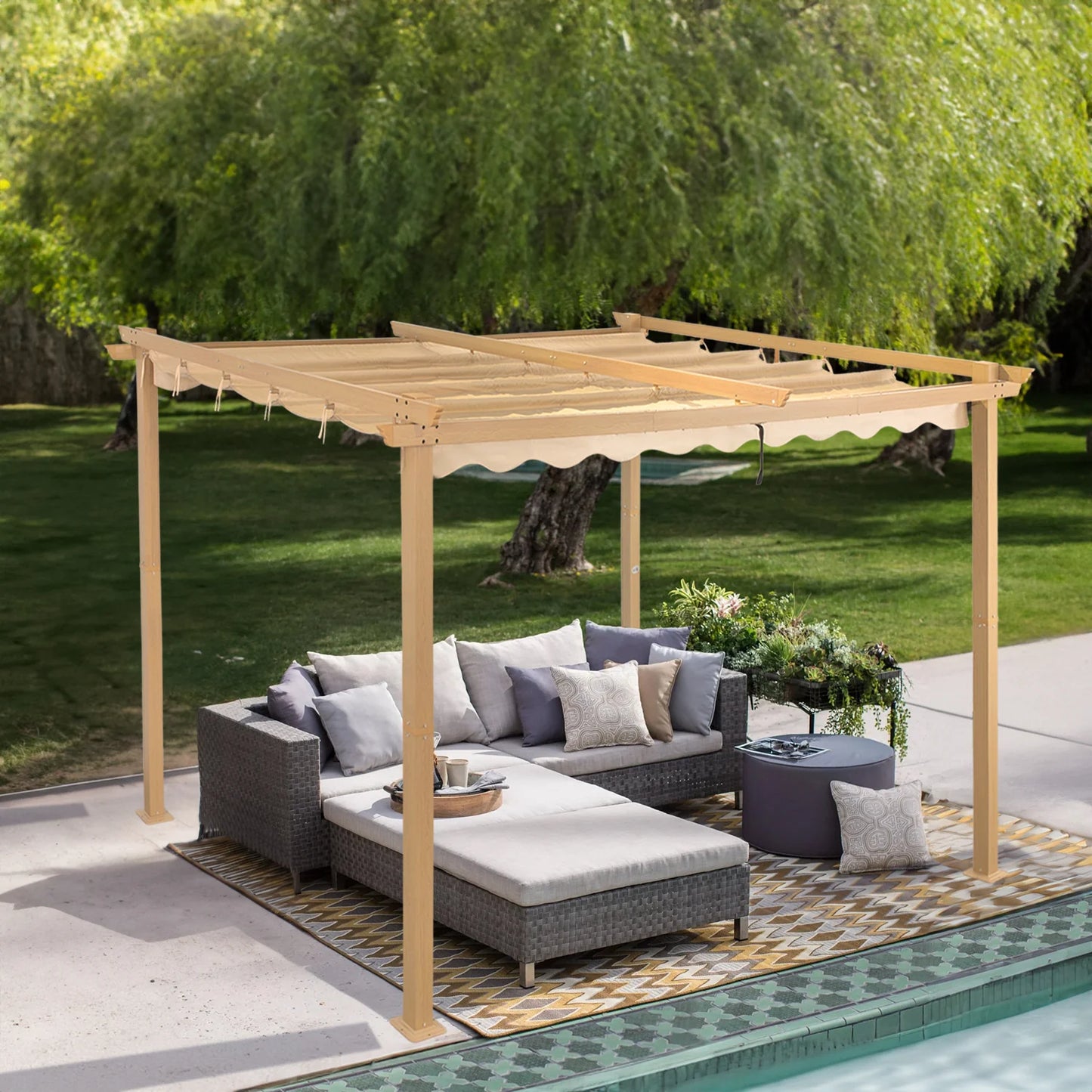 Angel Living Aluminium Pergola 3×3 m Crèmegeel – Uittrekbaar Dak UV50+, Stalen Dakbuizen, Poedercoating