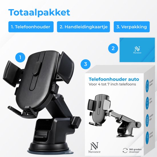 Nuvance Telefoonhouders Auto - GSM houder - 360° - Zuignap voor Raam & Dashboard - Telefoonhouder