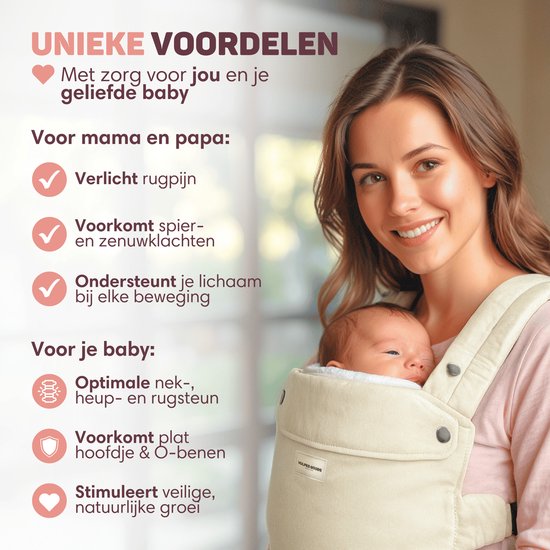 Vulpes Goods® BabyCare - Draagzak – Ergonomische Baby Draagzak 0-36 mnd – Luxe Buikdrager tot 20 kg – OEKO-TEX® Katoen – Handsfree Comfort - Met Rugsteun & M-Positie - Crème