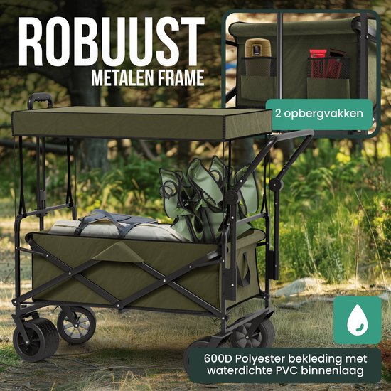 Avalo Bolderkar Met Dak XL Opvouwbaar - Tot 110KG Draagvermogen - 120L - 97x60x105 CM - 360º Wielen - Bolderwagen / Bolderkarren / Strandkar / Trekkar / Plooibare Bolderkar - Voor Strand - Groen