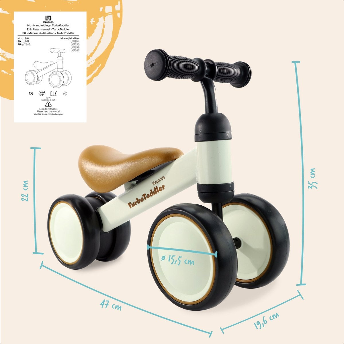 LifeGoods - TurboToddler Loopfiets - Vanaf 1 jaar - Kinderstep - Crème