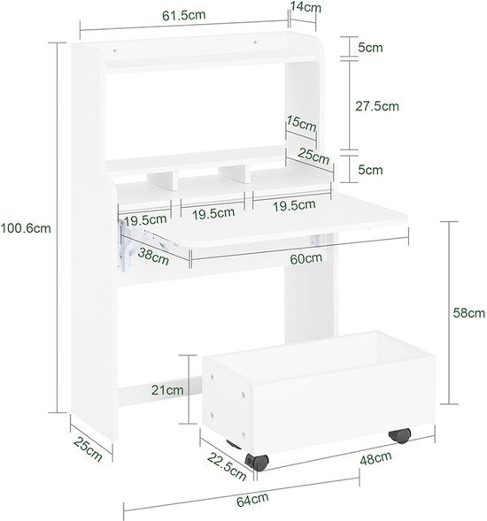 SoBuy Wandklaptafel FWT105-II-W - Multifunctionele Ruimtebesparende Klaptafel met Wielen - Inklapbaar Bureau met Lade en Planken - Wit