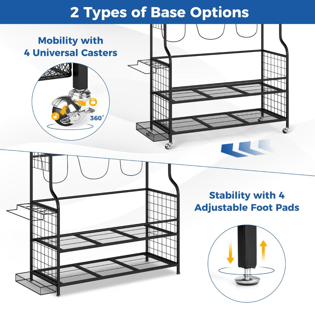 Coast Sportartikelenorganizer - met wieltjes - 4 haken - extra rek voor rackets - zwart 132 x 40,5 x 194 cm