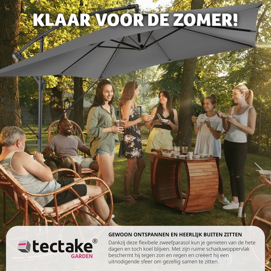 tectake® - Parasol Apollon vierkant 250 x 250 cm - Incl. windbeveiliging en beschermhoes - grijs