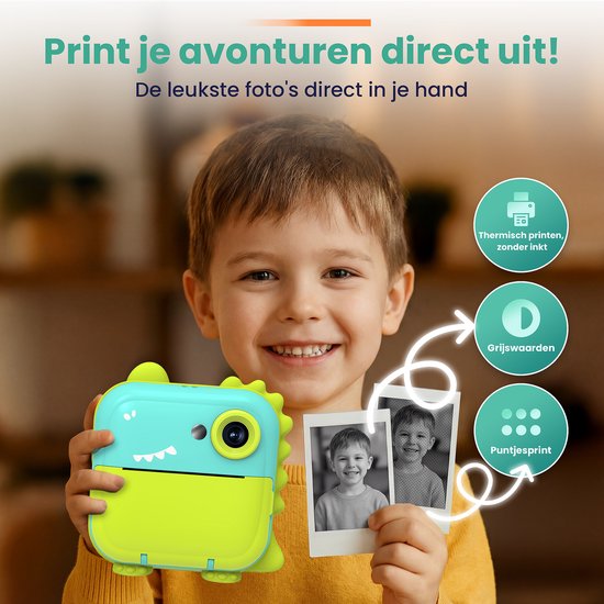 ODESSEY Kindercamera met Printer - Full HD - Selfiecamera - 32GB SD Kaart - Foto - Video - Spelletjes - Digitale Camera Kinderen - Fototoestel voor kinderen - Dino