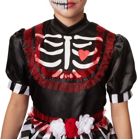 Dressforfun Griezelige skeletdame 104 (3-4j) - verkleedkleding kostuum halloween verkleden feestkleding carnavalskleding carnaval feestkledij partykleding - 301985