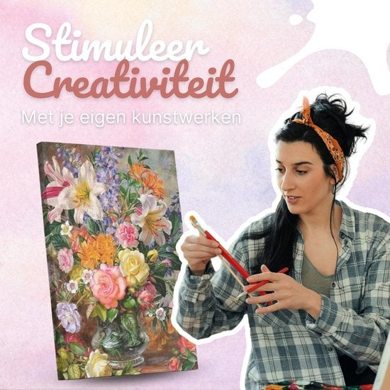 Rubye® Schilderen Op Nummer Volwassenen – Bloemen in Vaas – Inclusief Verf en Penselen – Canvas Schildersdoek – Kleuren op Nummer – 40x50cm