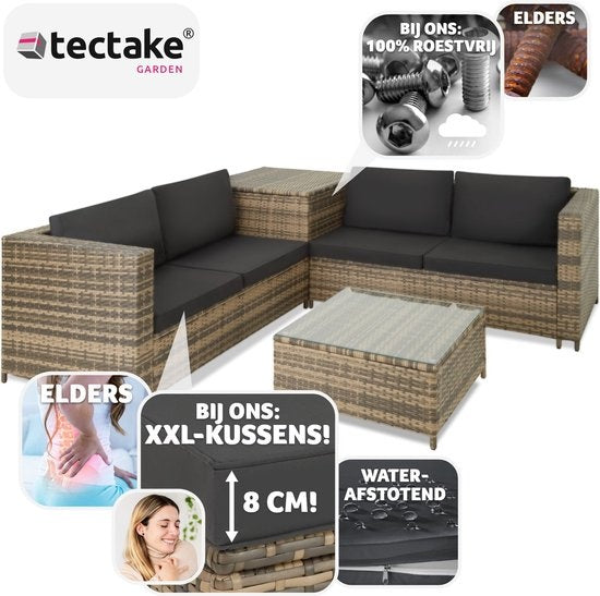 Tectake - Wicker Loungeset Siena (4 Personen) - Modulair, Opbergbox, Extra Dikke Kussens, UV- & Weerbestendig, Stalen Frame - Natuur/Donkergrijs