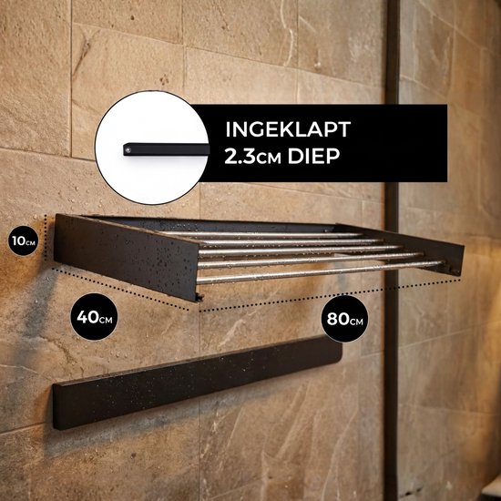 Vonia Wanddroogrek - Droogrek - Wasrek - Droogrek Muur - 80 x 40 cm - Zwart