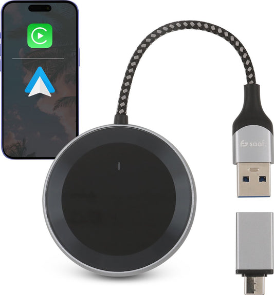 Saaf D200 Plus Apple CarPlay & Android Auto Dongle – Draadloos – USB-C & USB-A – Compact 6,5 x 3,5 x 1,2 cm