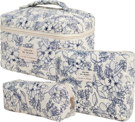 SC Travel Essentials - 3-delige Make-up Tas Set - Eco-vriendelijk Katoen - Gewatteerde Gebloemde Organizers - Ruim, Duurzaam en Ideaal voor Reizen
