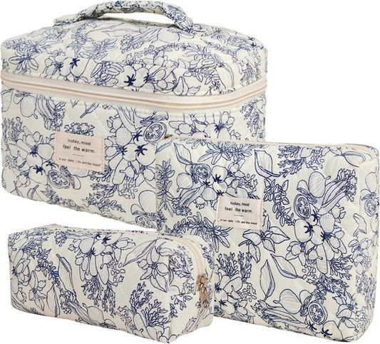 SC Travel Essentials - 3-delige Make-up Tas Set - Eco-vriendelijk Katoen - Gewatteerde Gebloemde Organizers - Ruim, Duurzaam en Ideaal voor Reizen