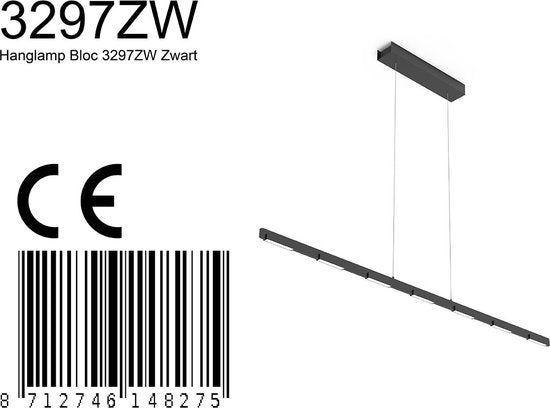 Hanglamp Bloc 3297ZW Zwart met Hoogteinstelbaar Cable Lift, Glas en Metaal - Steinhauer