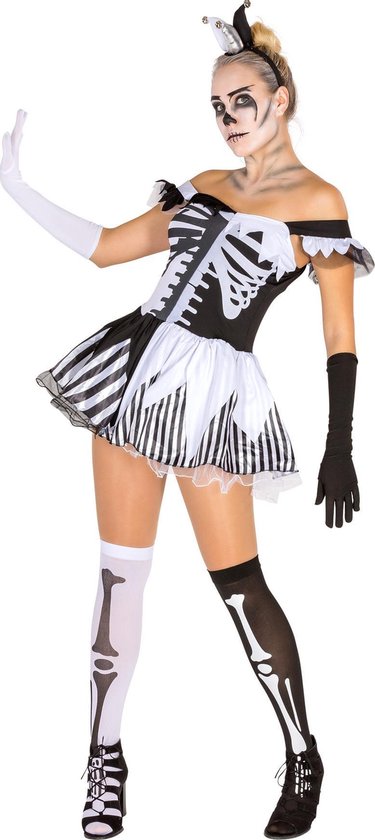 Dressforfun vrouwenkostuum Black-White-Skeleton M - verkleedkleding kostuum halloween verkleden feestkleding carnavalskleding carnaval feestkledij partykleding - 300118