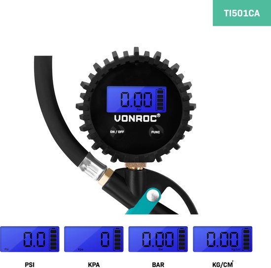 VONROC PRO Bandenpomp - Fietspomp - 3-in-1: pompen, druk meten en ontluchten – Digitale manometer - Geschikt voor compressor en perslucht - 10 bar - Universele EURO/DIN 7.2mm kop-peling - Incl. accessoires