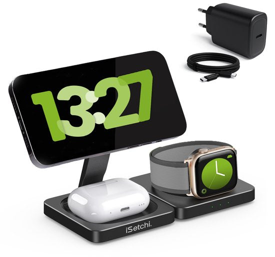 iSetchi 3-in-1 Power Base – Draadloze Oplader – Qi – 23 W – Opvouwbaar – USB-C – Geschikt voor Smartphone, Smartwatch & Oordopjes – Zwart